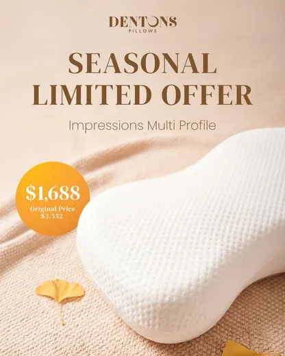 Dentons promotion poster: Seasonal limited-time offer: Impressions Multi Profile pillow reduced from HK$3,552 to HK$1,688, approximately 52% off.