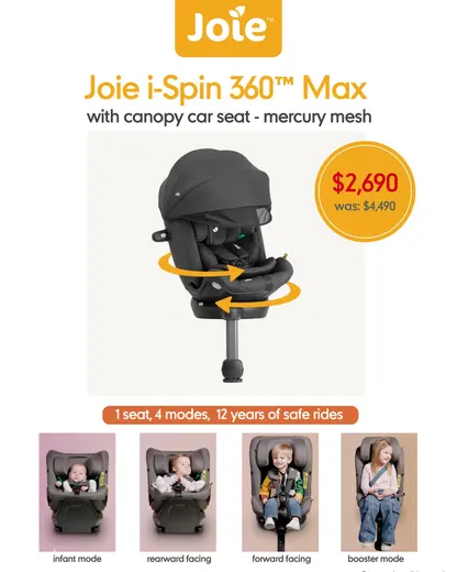 Mothercare promotion poster: Joie i-Spin 360™ Max car seat now HK$2,690, save HK$1,800 (was HK$4,490). Limited time, while stocks last.